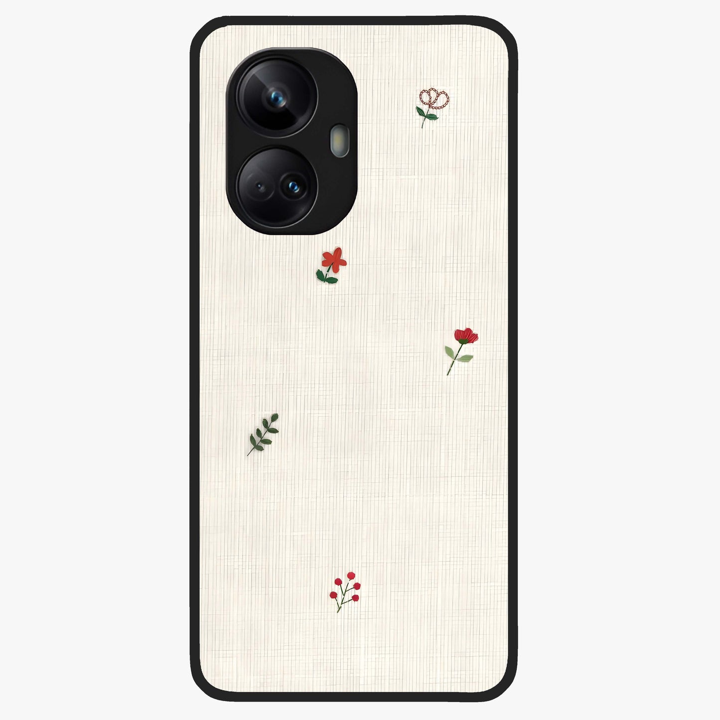 Minimal Petal Whispers Glass Case showing flat back view with soft minimal floral artwork and glossy glass finish.