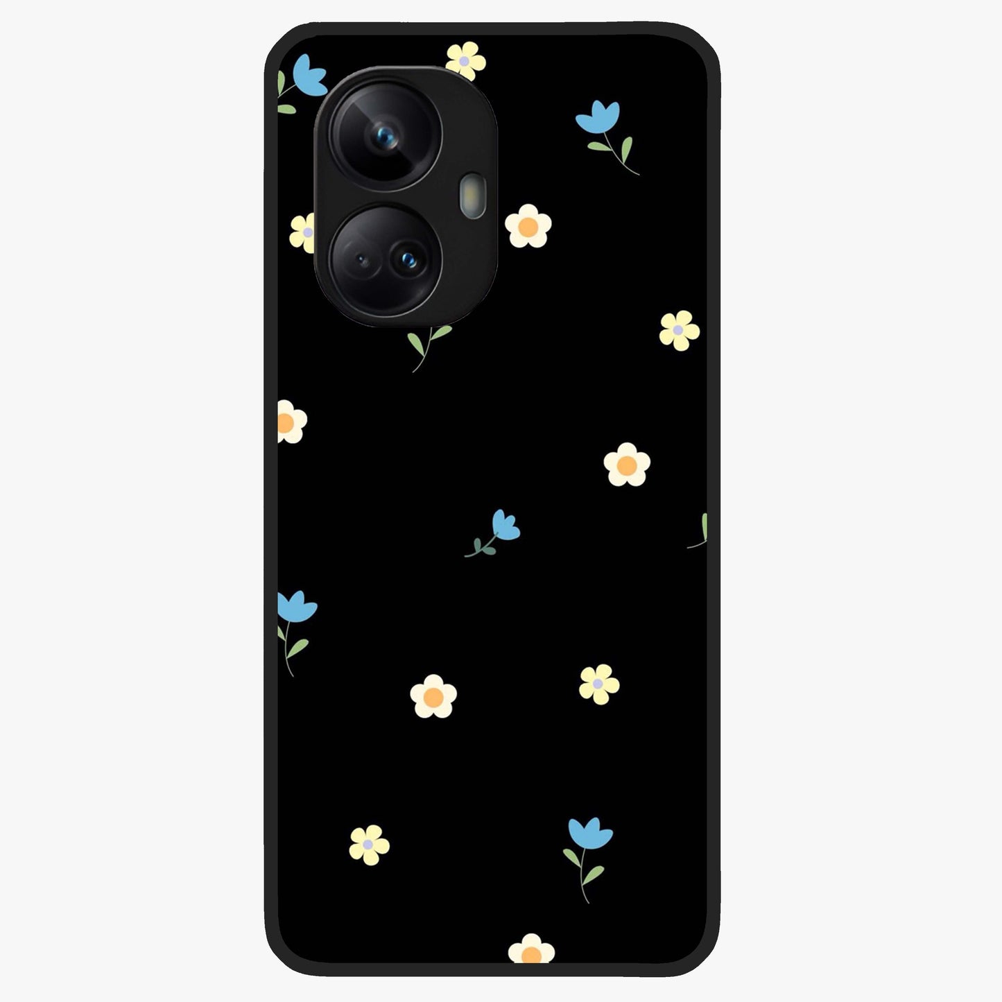 Minimalistic Blue With White Flower Pattern Glass Case showing flat back view with blue background and white flower pattern and glossy glass finish.