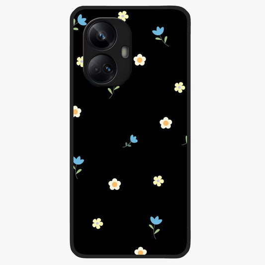 Minimalistic Blue With White Flower Pattern Glass Case showing flat back view with blue background and white flower pattern and glossy glass finish.