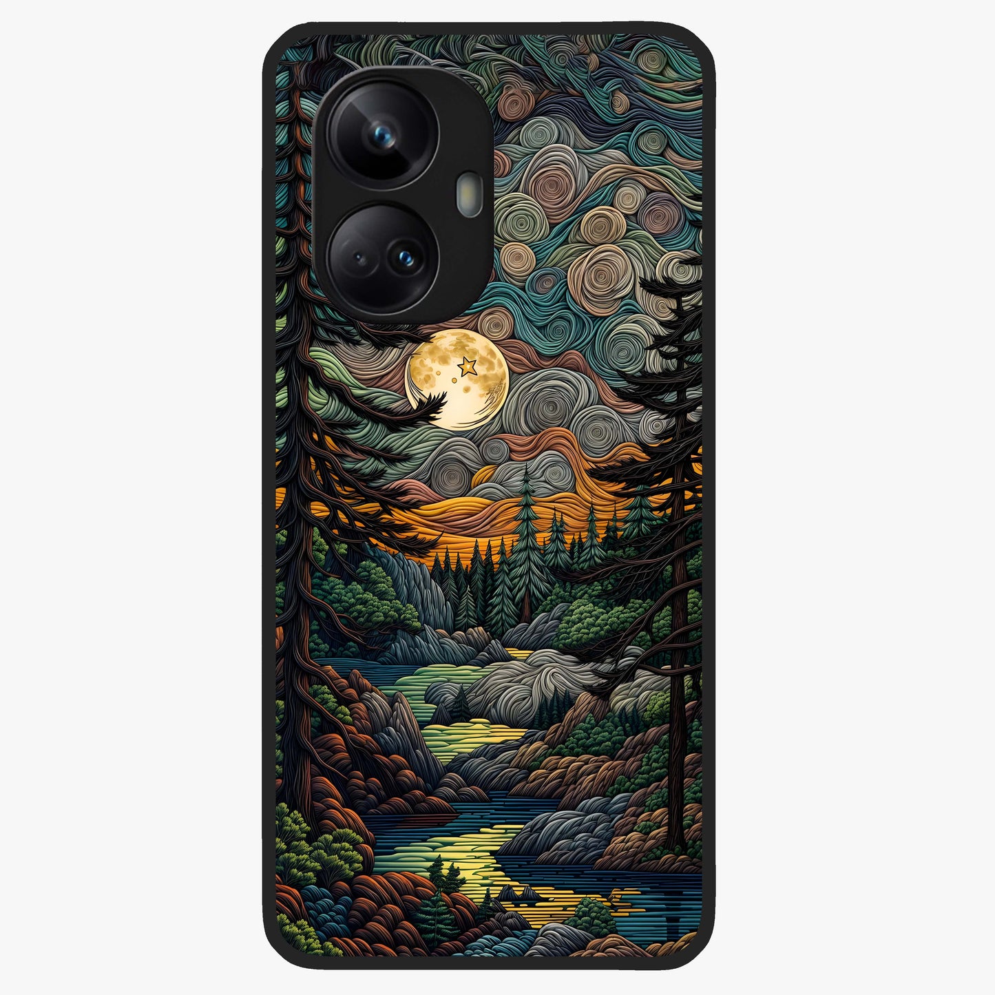 Moonlight Forest Dream Glass Case showing flat back view with mystical forest moonlight artwork and glossy glass finish.