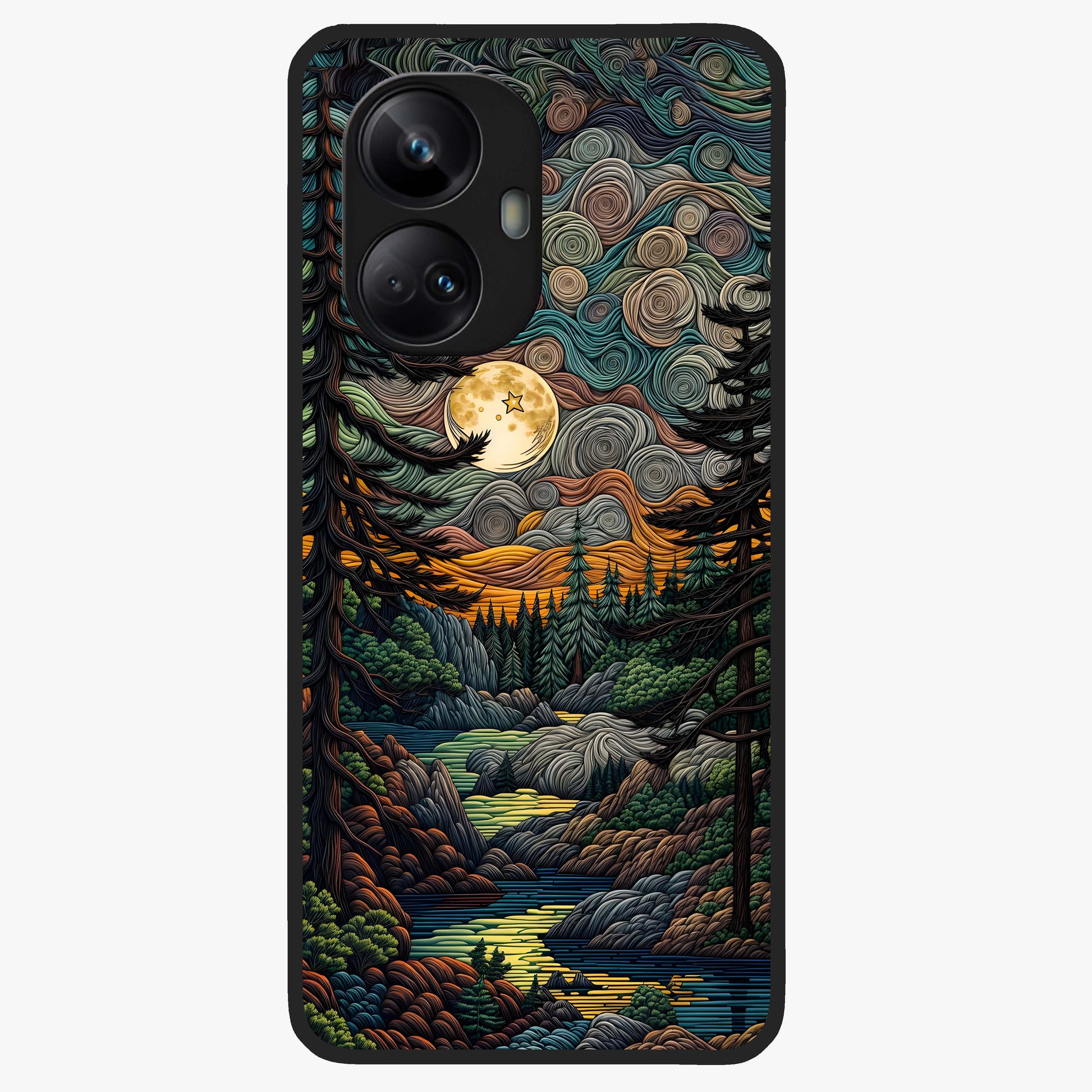 Moonlight Forest Dream Glass Case showing flat back view with mystical forest moonlight artwork and glossy glass finish.