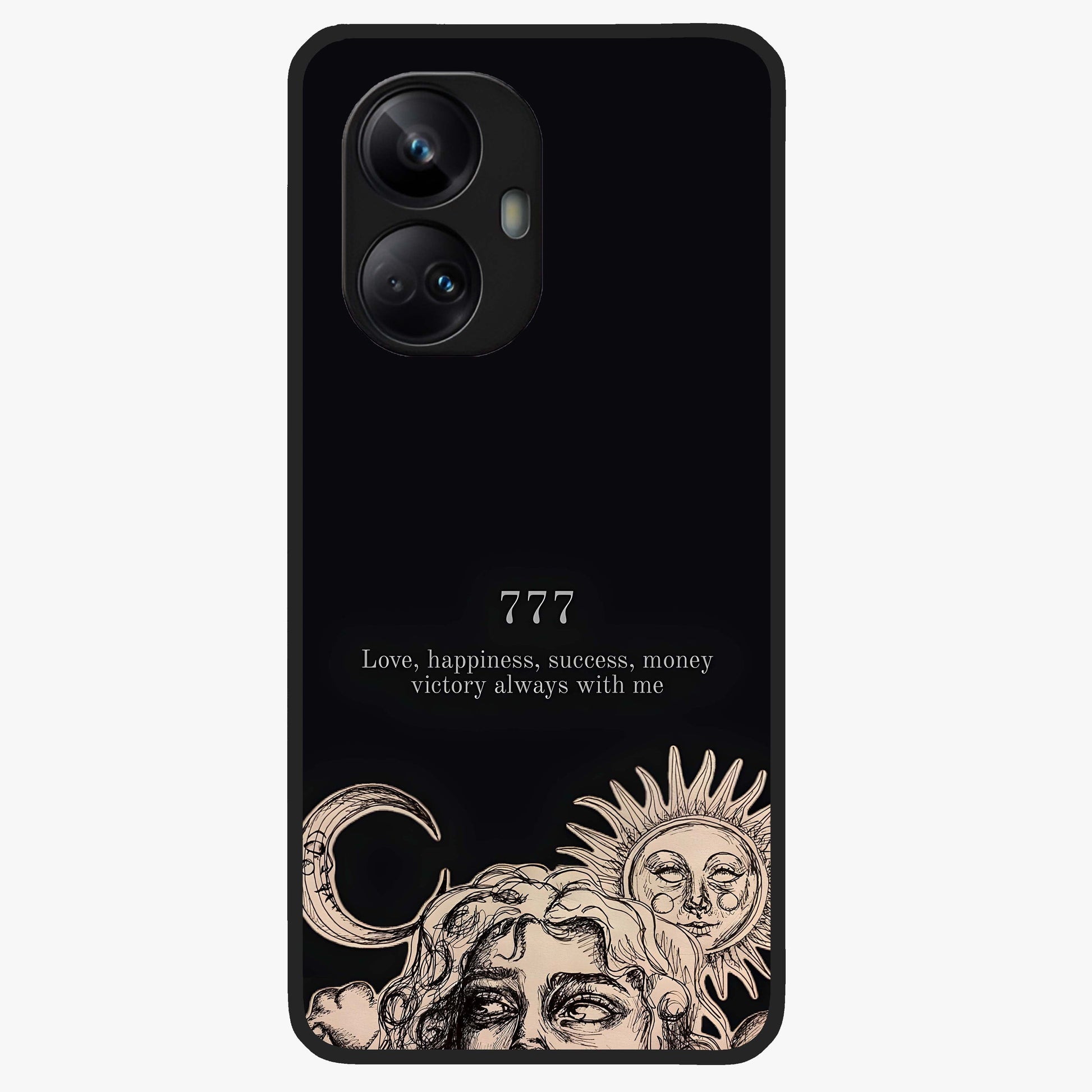 Mystic Victory Aura Glass Case showing flat back view with victory symbol artwork and glossy glass finish.