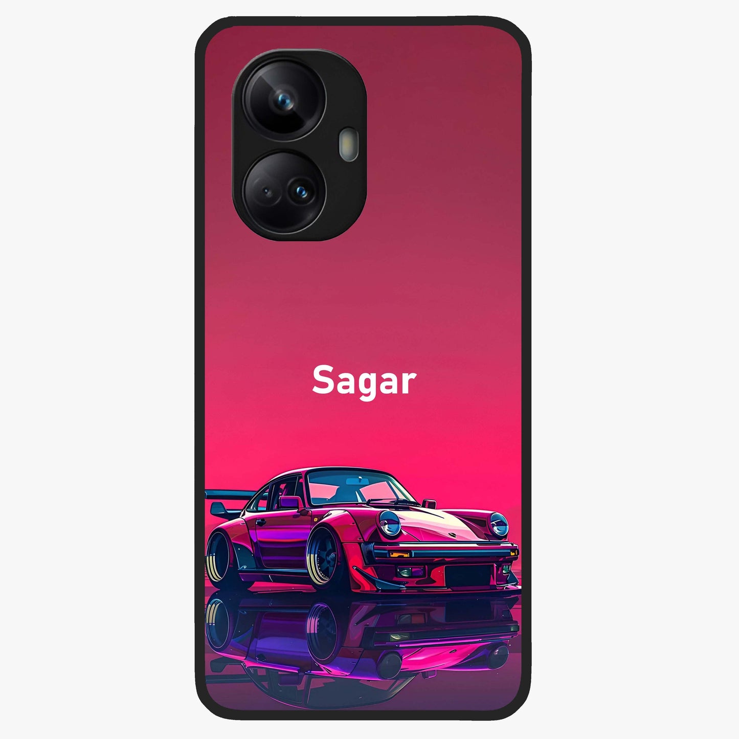Neon Pink Porsche Glass Case showing flat back view with stylish sports car artwork and glossy glass finish.