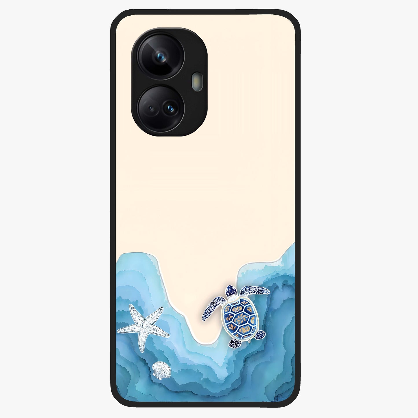 Ocean Drift Turtle Glass Case showing flat back view with sea turtle artwork and glossy glass finish.