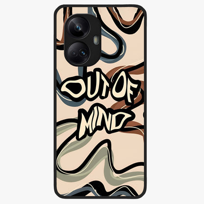 Out Of Mind Glass Case showing flat back view with expressive typography artwork and glossy glass finish.