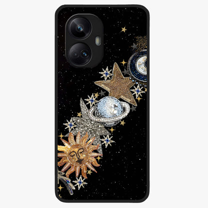 Pearls Universe Object Glass Case showing flat back view with pearl inspired cosmic artwork and glossy glass finish.