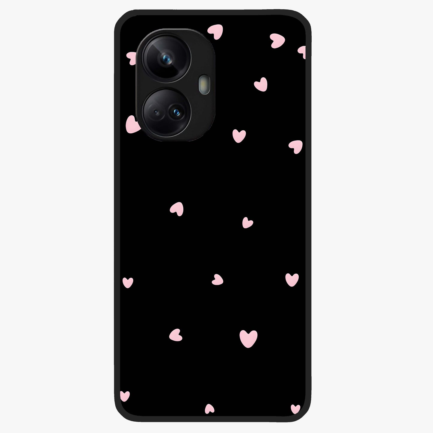 Pink Love Drops Glass Case showing flat back view with playful pink heart drops artwork and glossy glass finish.