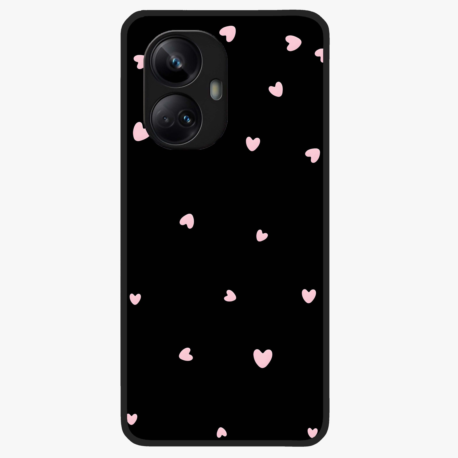 Pink Love Drops Glass Case showing flat back view with playful pink heart drops artwork and glossy glass finish.