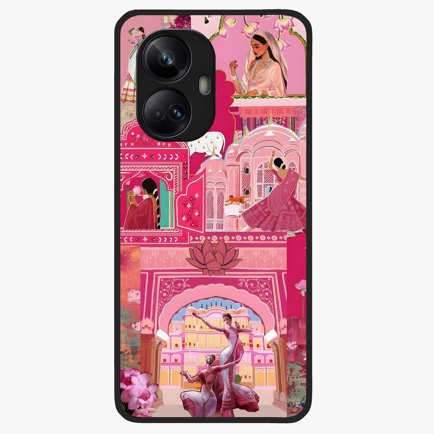 Pink Palace Muse Glass Case showing flat back view with elegant palace inspired artwork and glossy glass finish.