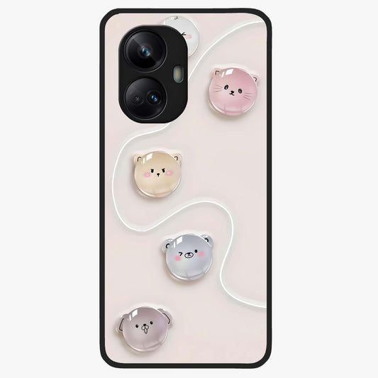 Puffy Face Parade Glass Case showing flat back view with cute puffy character faces artwork and glossy glass finish.