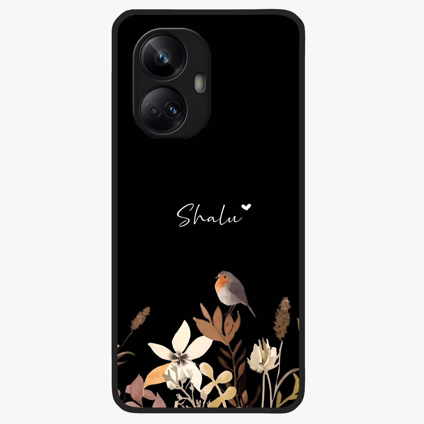 Quiet Garden Tune Custom Name Glass Case showing flat back view with peaceful garden artwork and personalized name design.