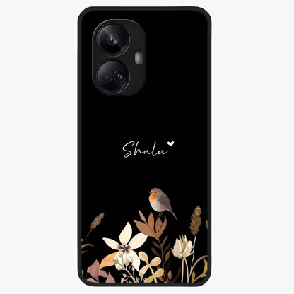 Quiet Garden Tune Custom Name Glass Case showing flat back view with peaceful garden artwork and personalized name design.