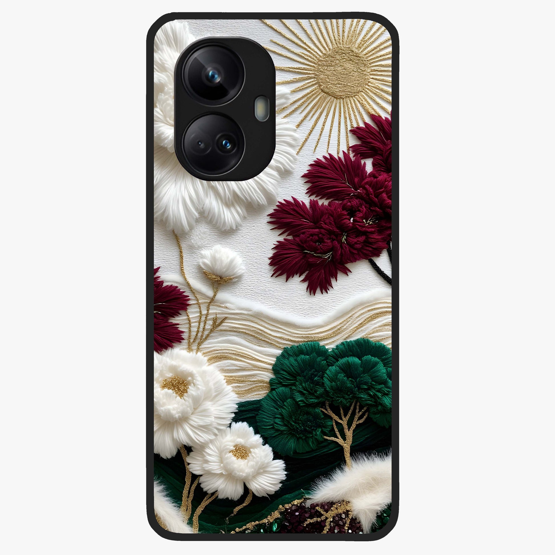 Radiant Bloom Elegance Glass Case showing flat back view with elegant blooming flower artwork and glossy glass finish.