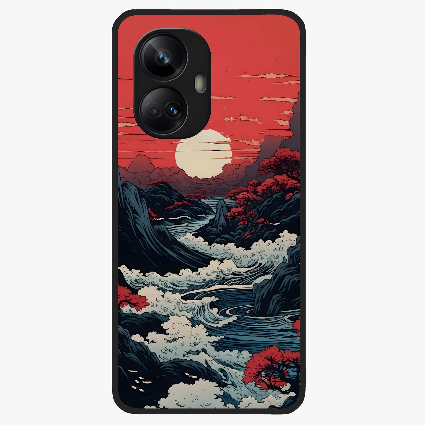 Red Sunset Scenery Glass Case showing flat back view with vibrant sunset landscape artwork and glossy glass finish.