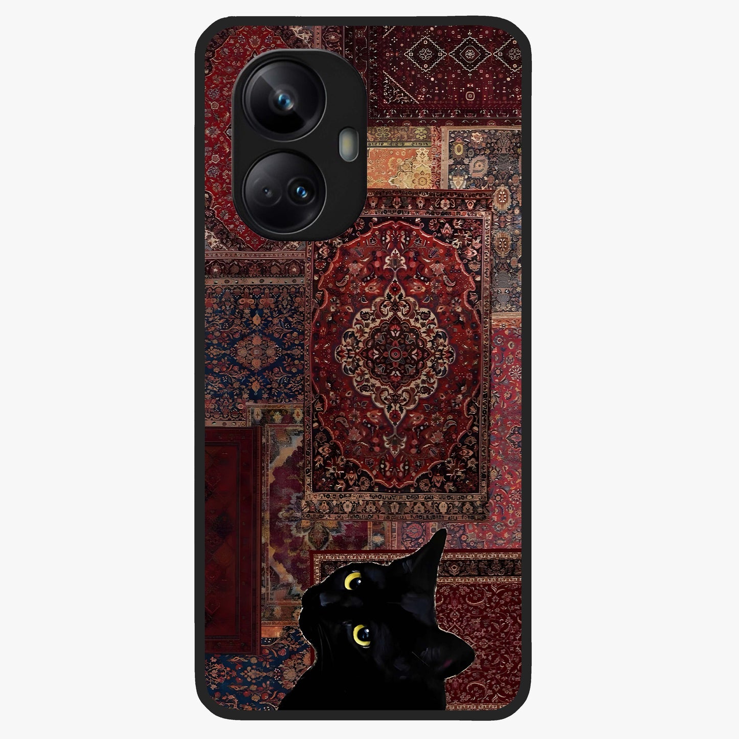 Regal Magic Cat Apple Glass Case showing flat back view with magical cat artwork holding apple and glossy glass finish.