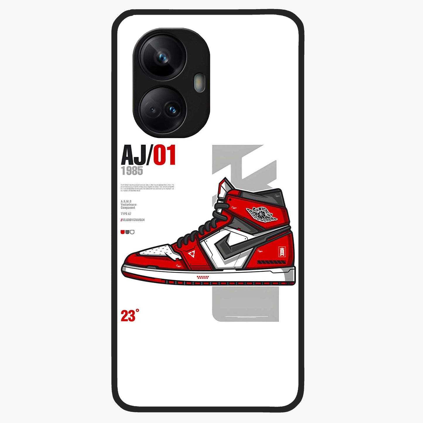 Retro Sneaker Blueprint Glass Case showing flat back view with sneaker blueprint style artwork and glossy glass finish.