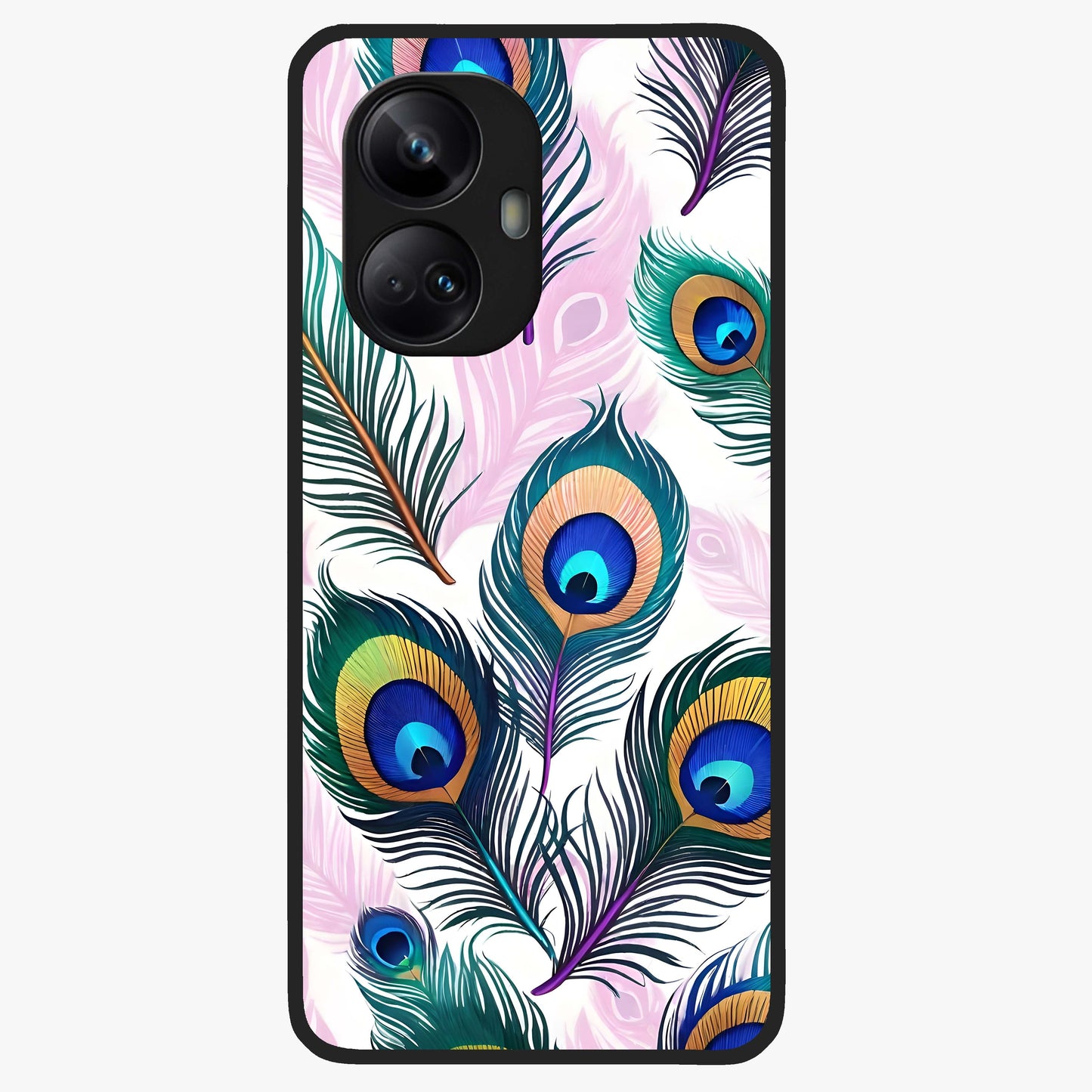 Royal Peacock Feathers Glass Case showing flat back view with colorful peacock feather artwork and glossy glass finish.