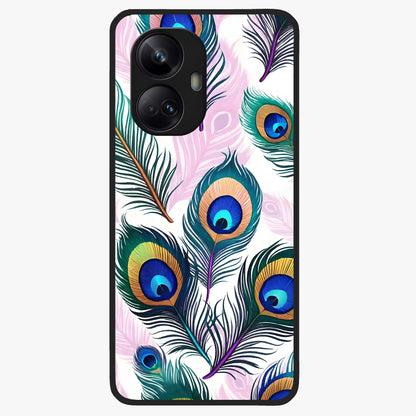 Royal Peacock Feathers Glass Case showing flat back view with colorful peacock feather artwork and glossy glass finish.