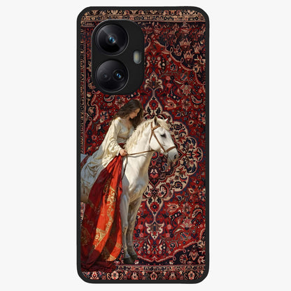 Royal Rider Tapestry Glass Case showing flat back view with majestic horse rider tapestry artwork and glossy glass finish.