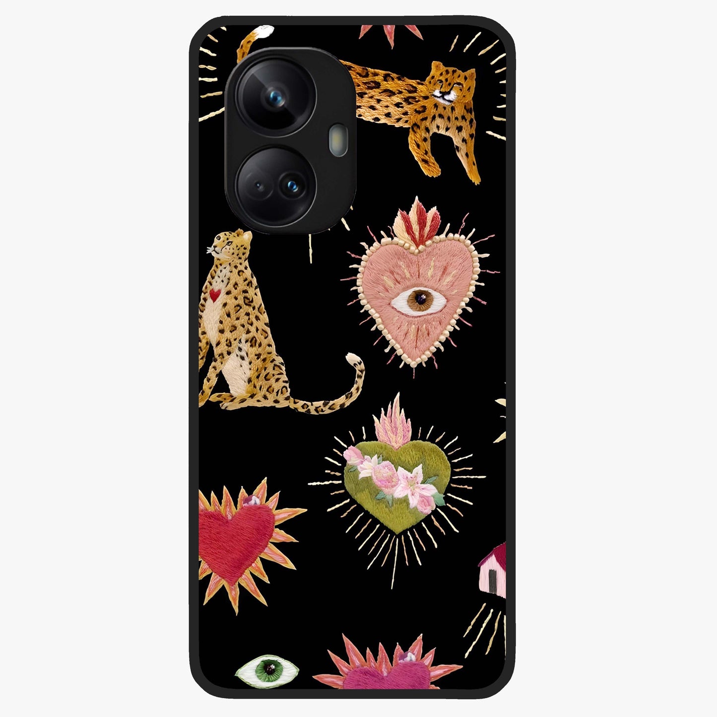 Sacred Jungle Heart Glass Case showing flat back view with jungle inspired heart artwork and glossy glass finish.