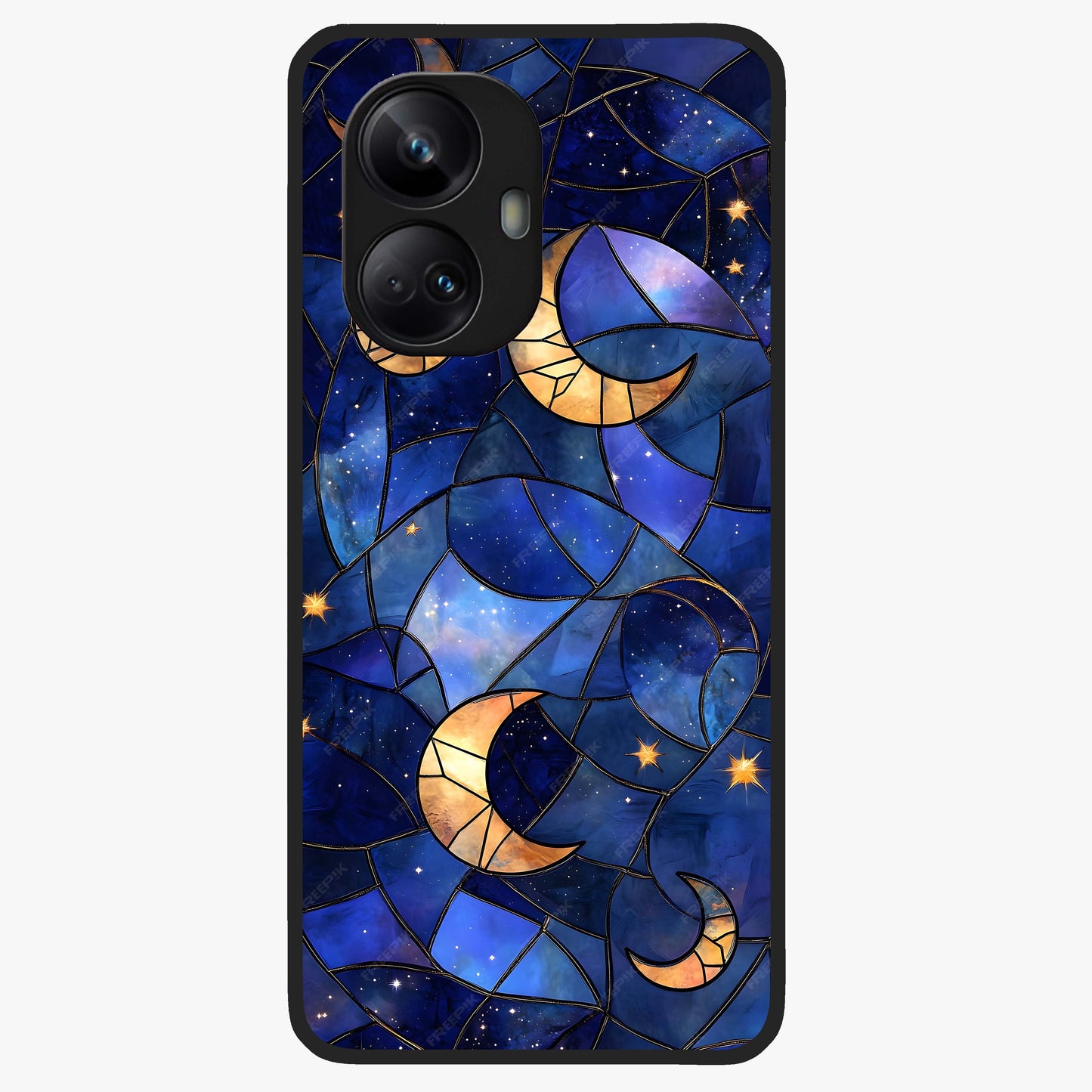 Starlit Sky Tapestry Glass Case showing flat back view with decorative starry sky tapestry artwork and glossy glass finish.