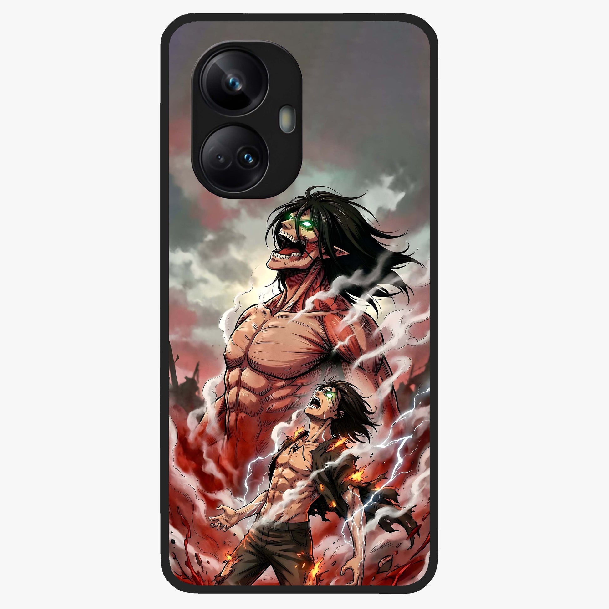 Titan Awakening Fury Glass Case showing flat back view with powerful titan inspired artwork and glossy glass finish.