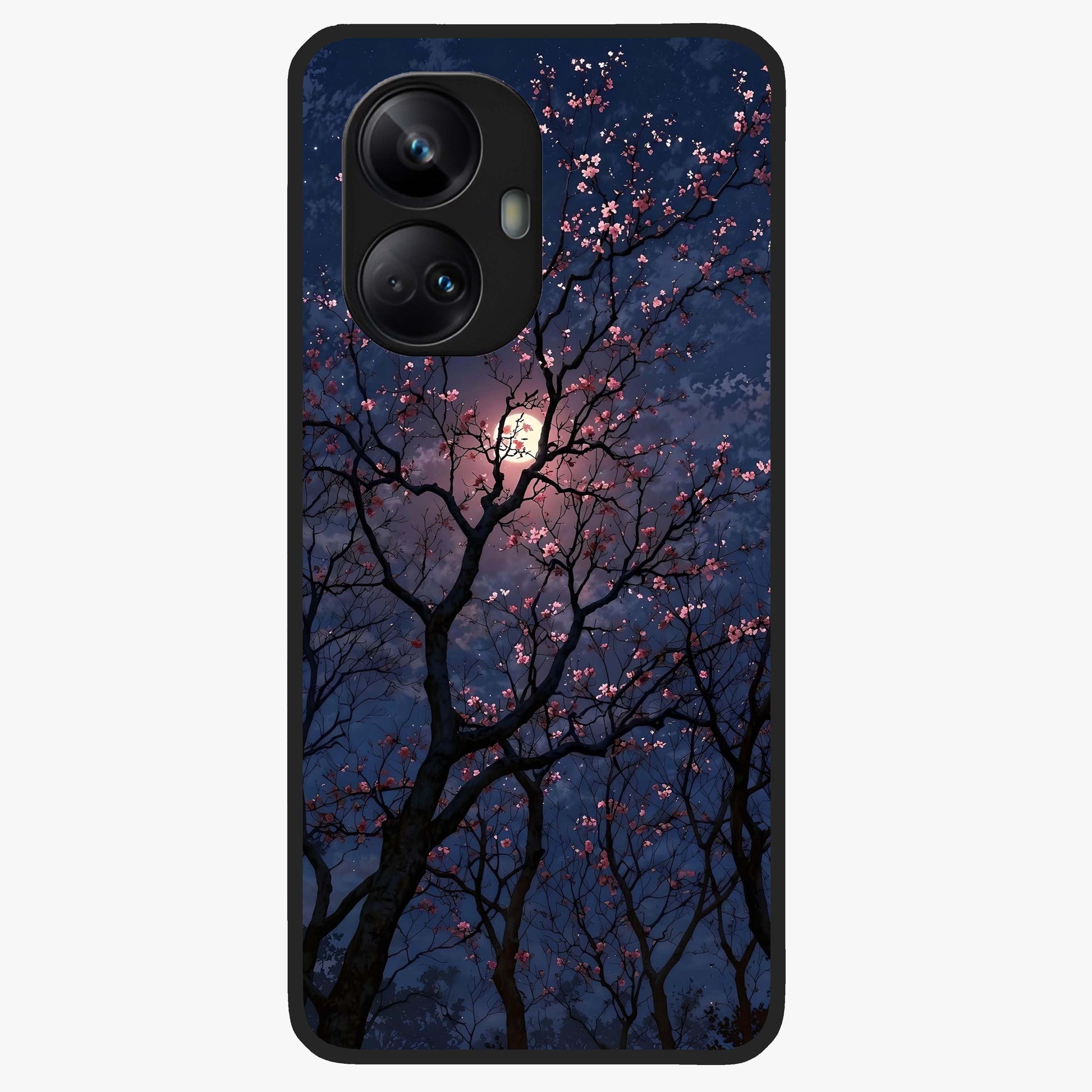 Twilight Sakura Serenade Glass Case showing flat back view with cherry blossom artwork at twilight and glossy glass finish.