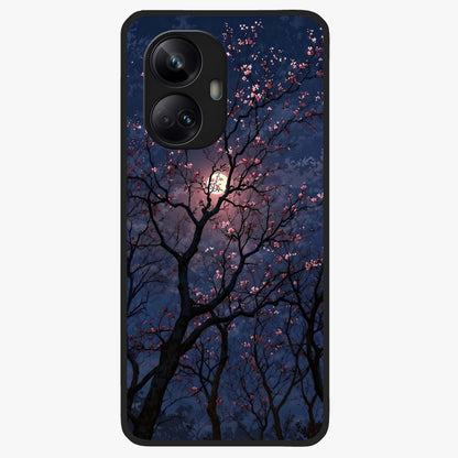 Twilight Sakura Serenade Glass Case showing flat back view with cherry blossom artwork at twilight and glossy glass finish.