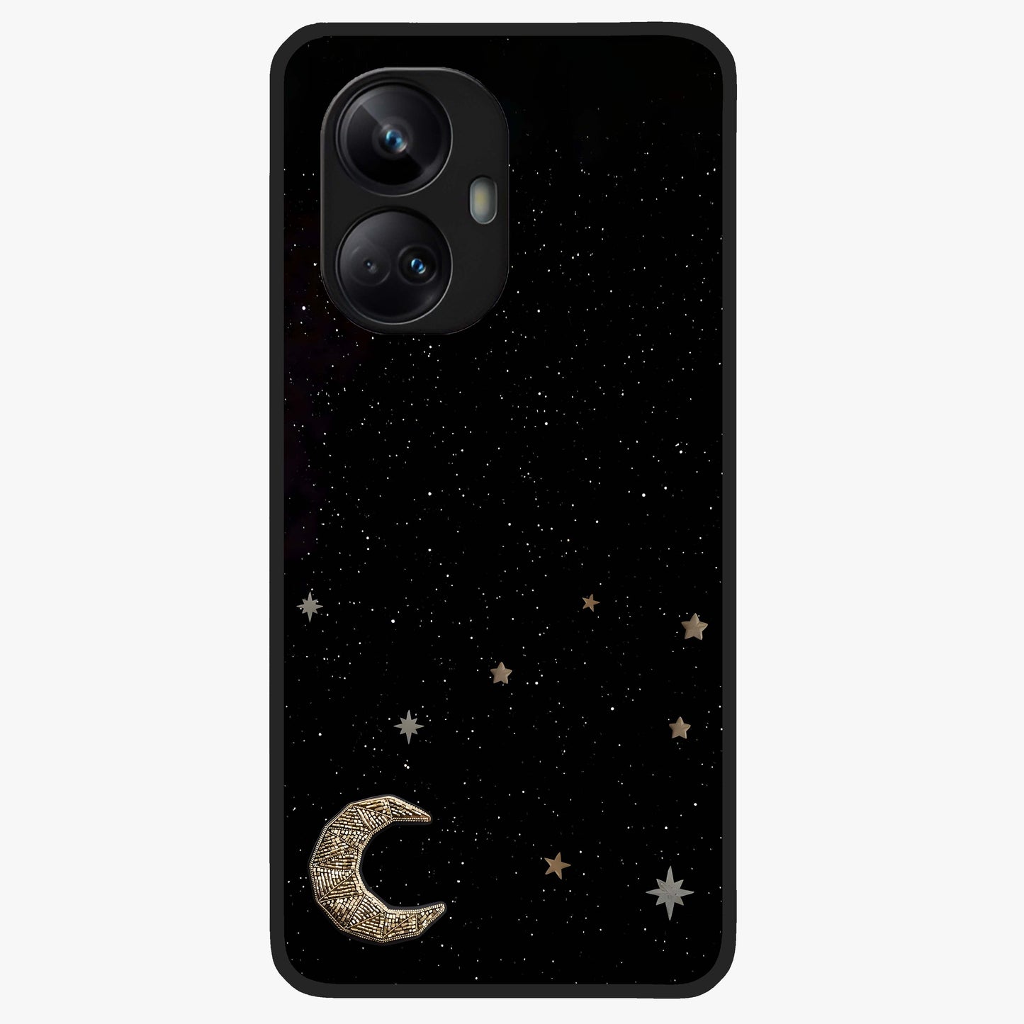 Twinkle Star With Half Moon Glass Case showing flat back view with star and half moon artwork and glossy glass finish.