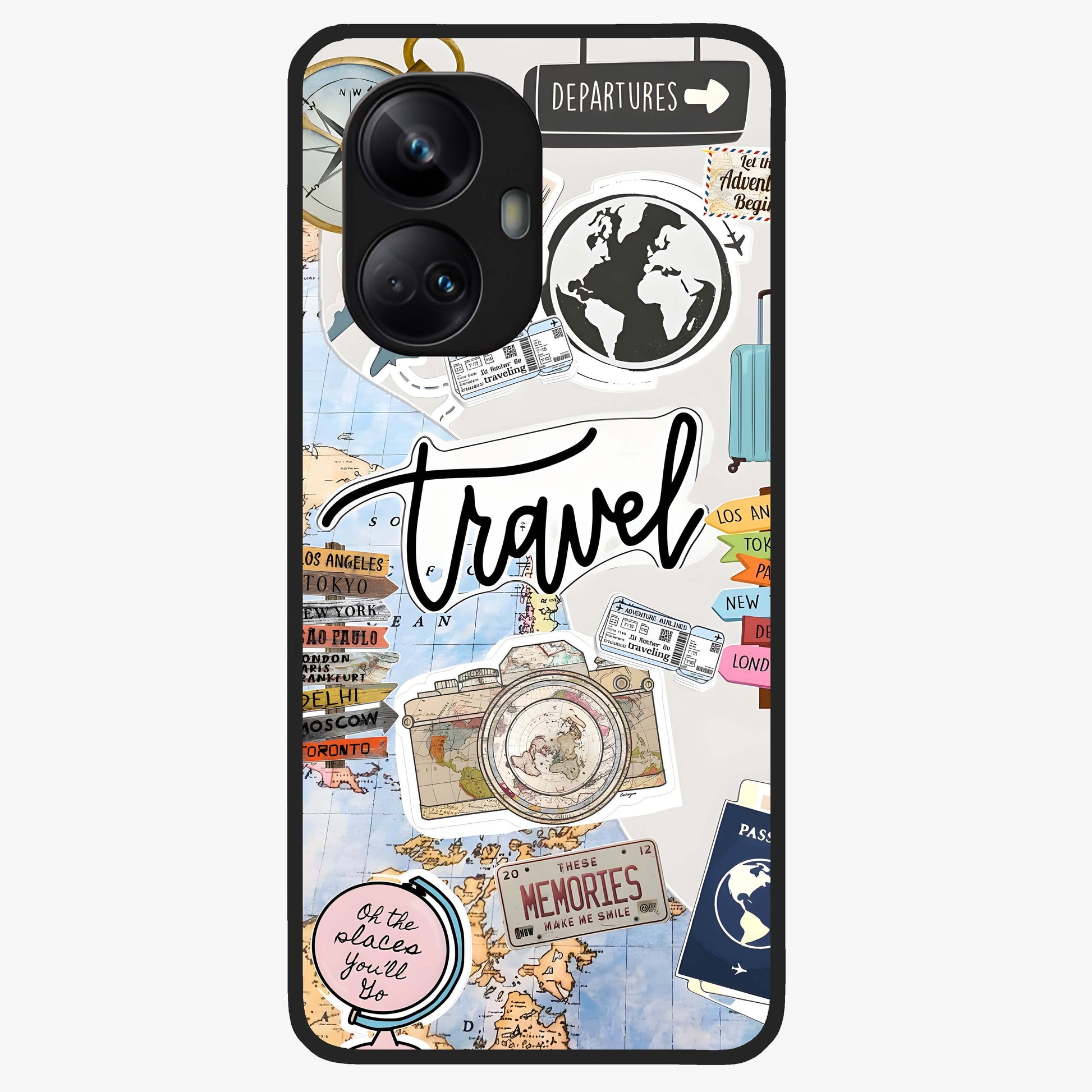 Wanderlust Journal Glass Case showing flat back view with travel inspired artwork and glossy glass finish.