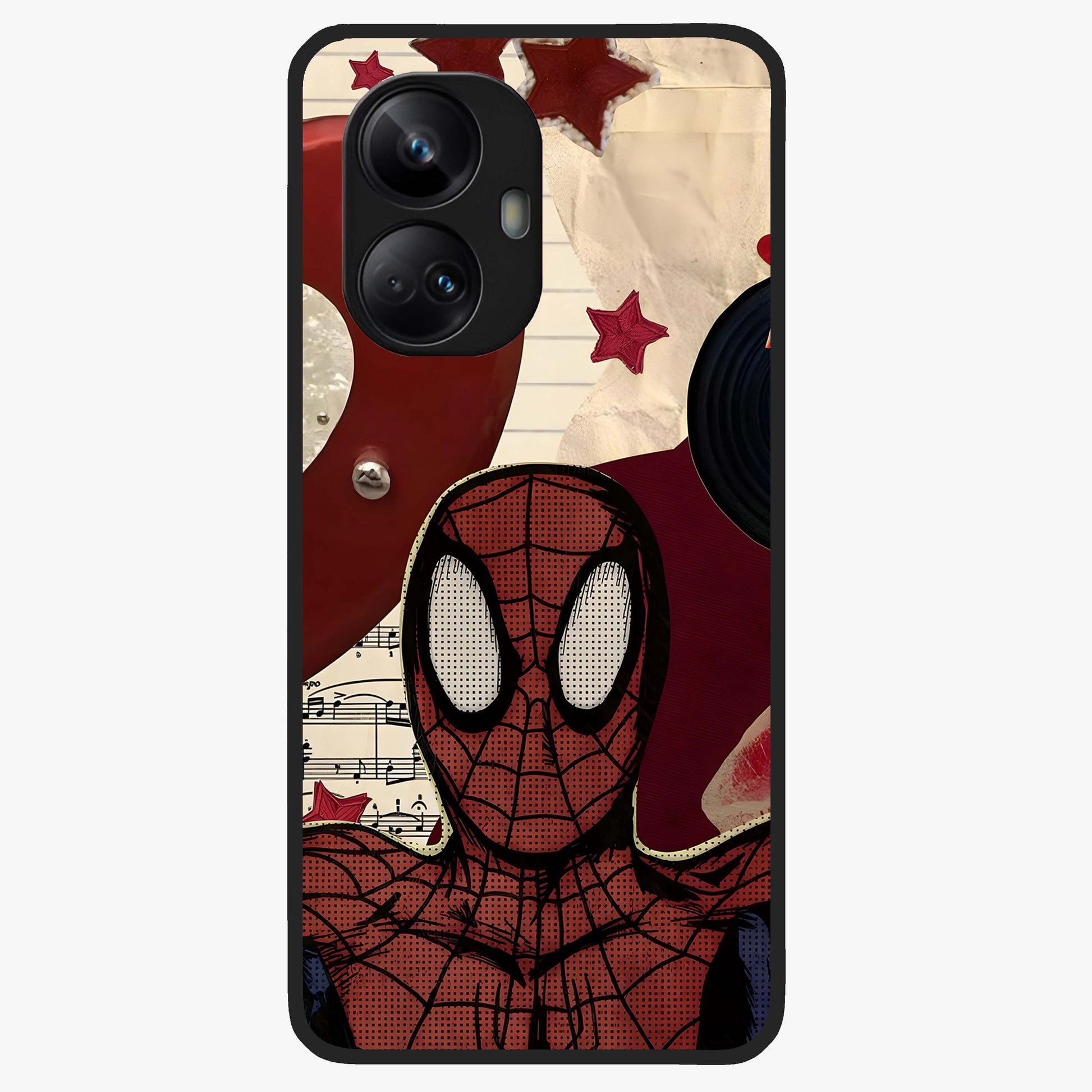 Web Warrior Vibes Glass Case showing flat back view with superhero inspired web themed artwork and glossy glass finish.