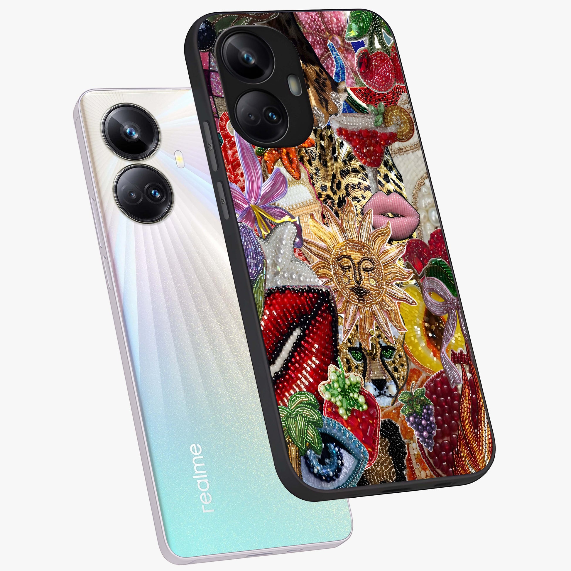 Beaded Fashion Jungle Glass Case displayed in angled mockup highlighting colorful fashion bead design and artistic pattern.