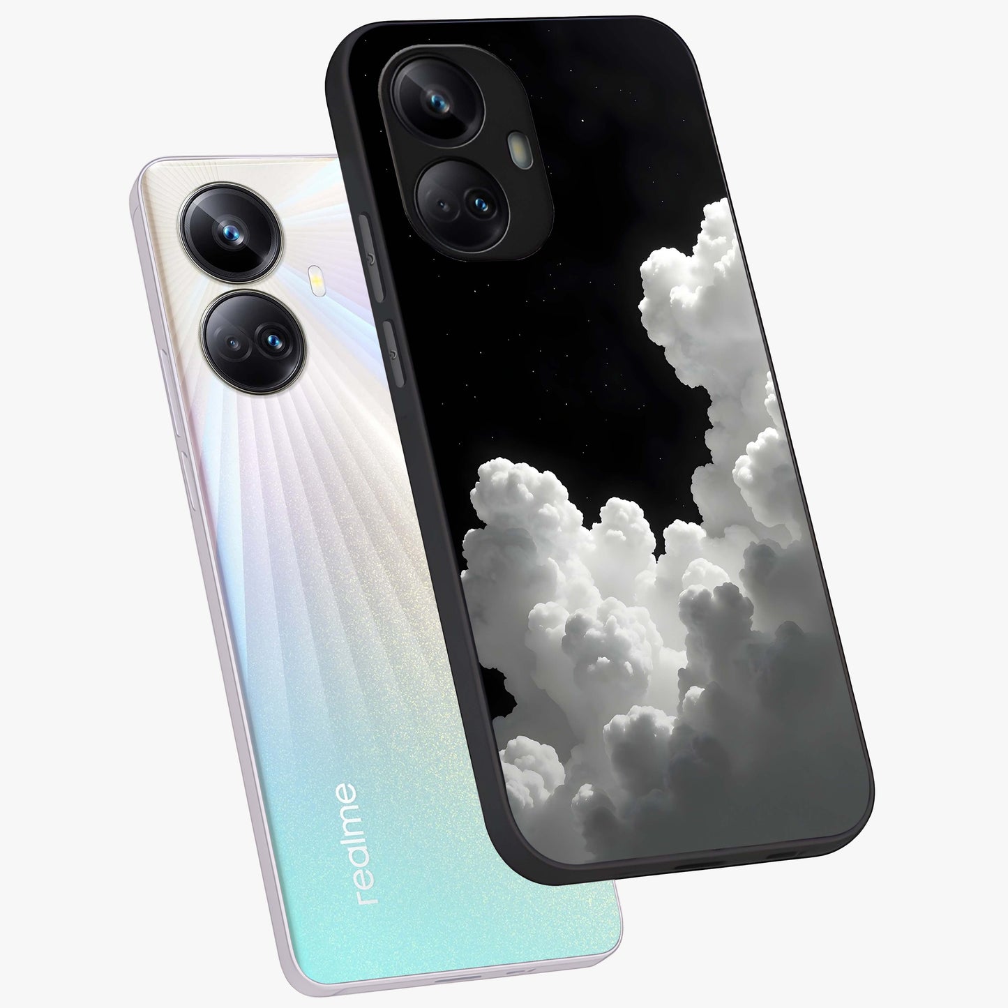 Black Background With White Cloud Glass Case displayed in angled mockup highlighting soft white cloud illustration and minimal design.