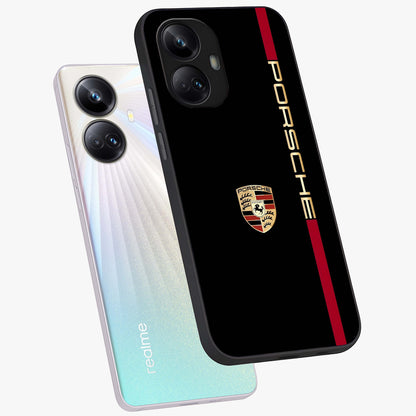 Black Minimal Porsche Glass Case displayed in angled mockup highlighting modern minimal car illustration and clean aesthetic design.