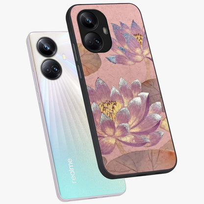 Blossom Mist Lotus Glass Case displayed in angled mockup highlighting delicate lotus illustration with calm aesthetic theme.
