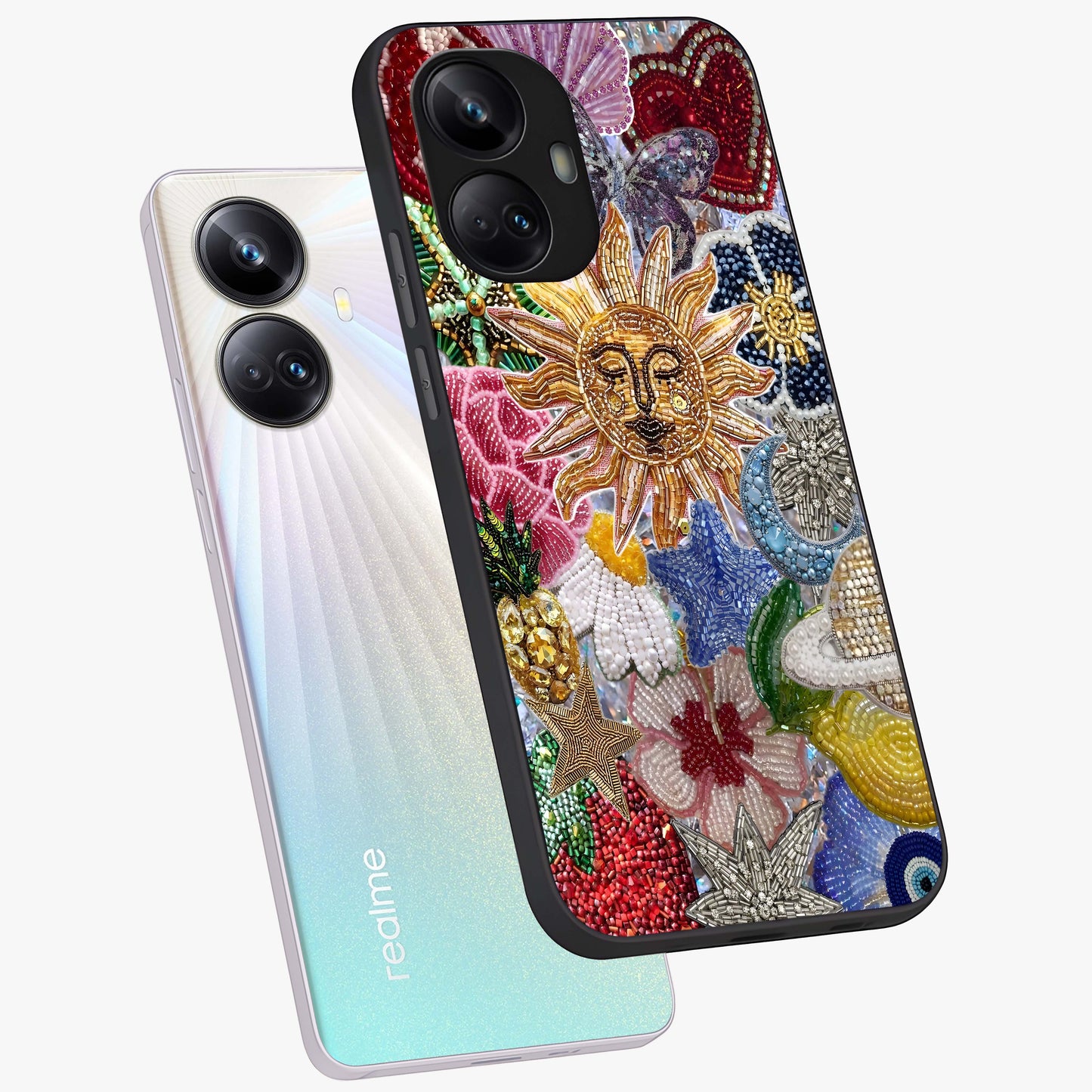 Celestial Floral and Playful Glass Case displayed in angled mockup highlighting playful floral design with dreamy celestial elements.