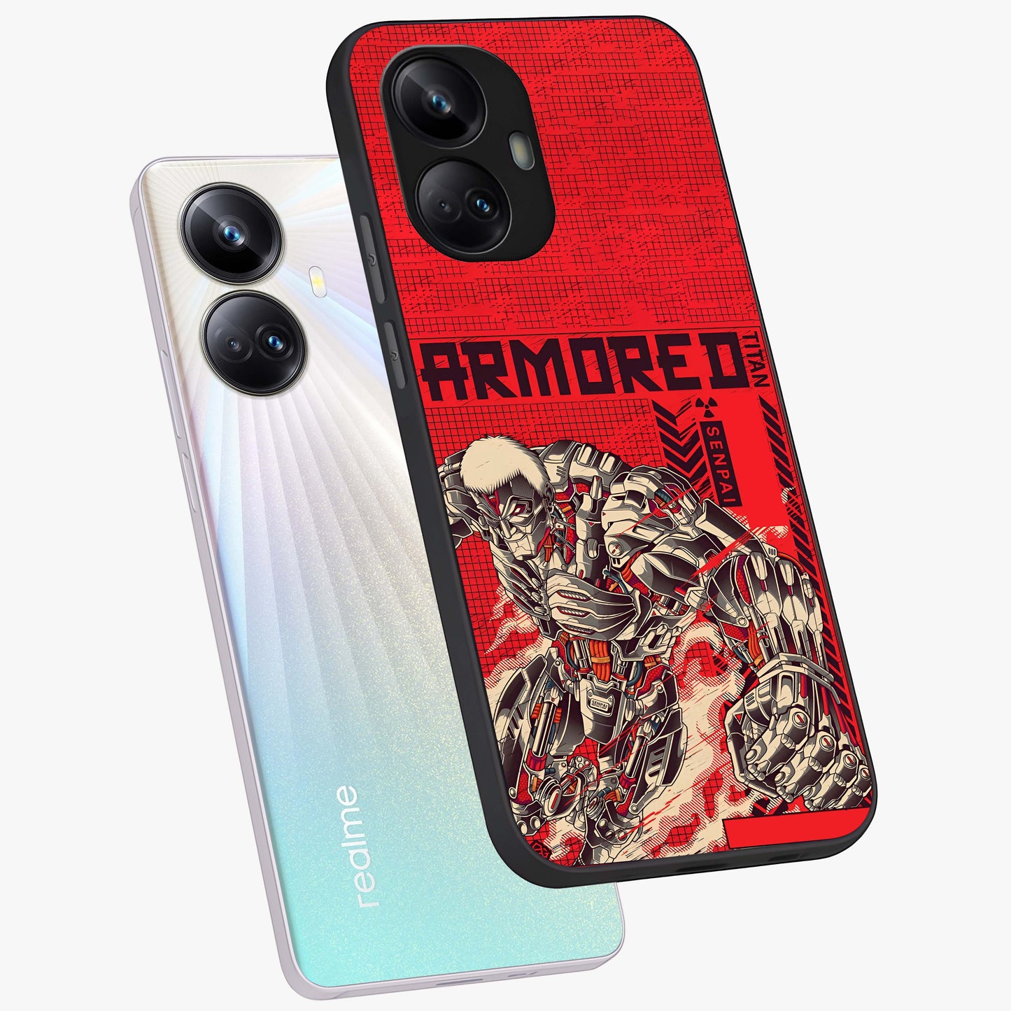 Crimson Mecha Titan Glass Case displayed in angled mockup highlighting futuristic mech illustration with bold crimson aesthetic.