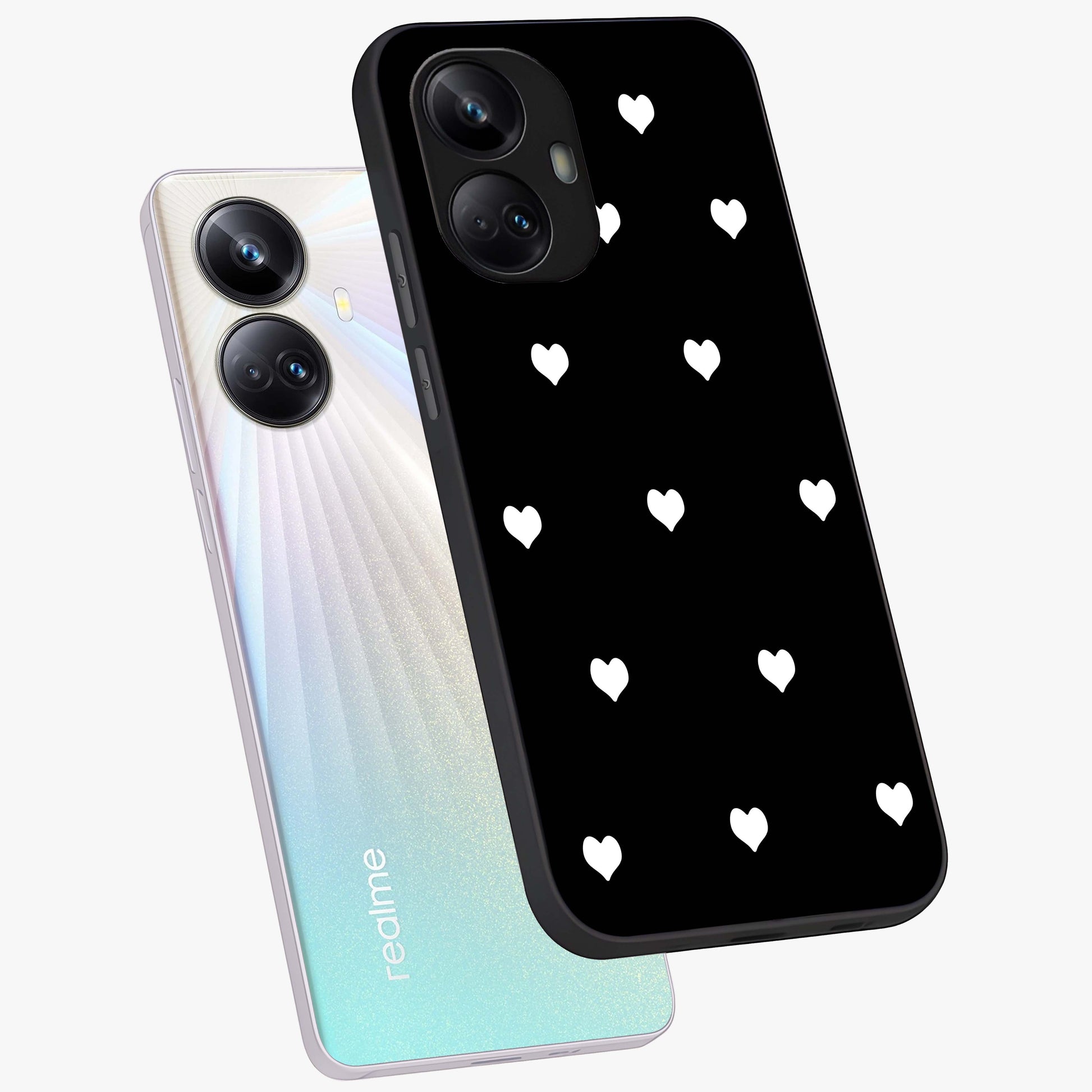 Cute And Simple White Hearts Glass Case displayed in angled mockup highlighting cute heart design with clean aesthetic style.