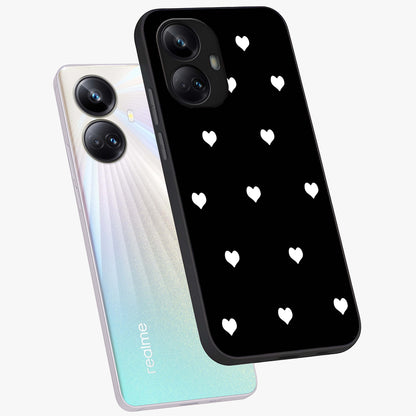 Cute And Simple White Hearts Glass Case displayed in angled mockup highlighting cute heart design with clean aesthetic style.