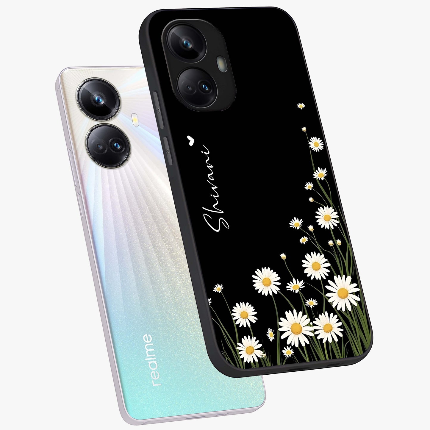 Daisy Cascade Custom Name Glass Case displayed in angled mockup highlighting delicate daisy artwork with custom name feature.