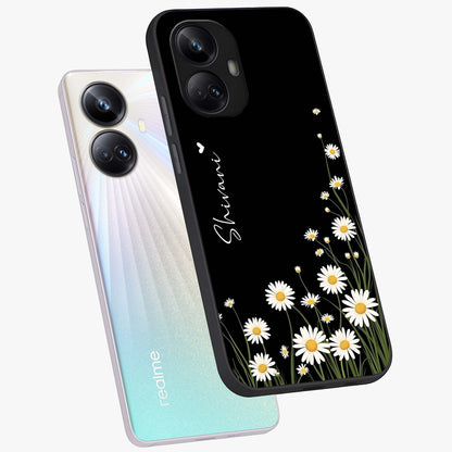 Daisy Cascade Custom Name Glass Case displayed in angled mockup highlighting delicate daisy artwork with custom name feature.