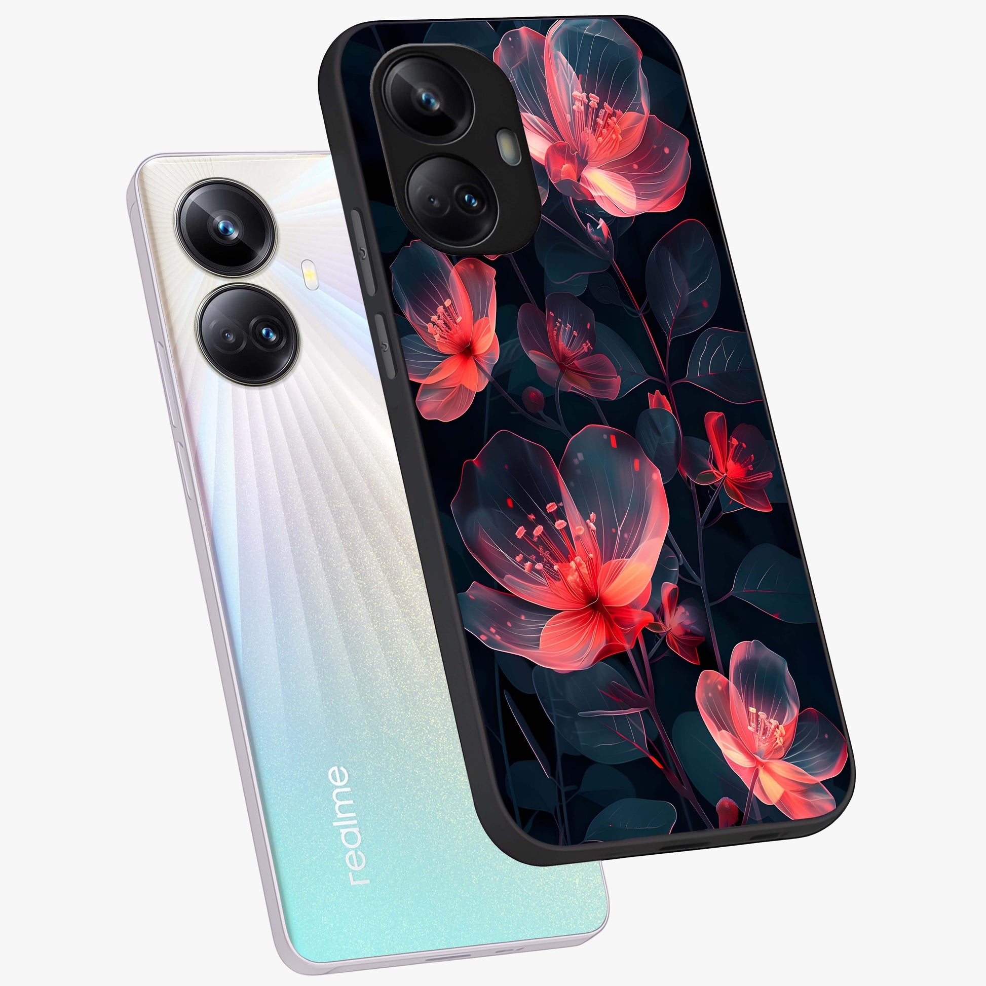 Dark Shade of Flower Glass Case displayed in angled mockup highlighting moody floral illustration with aesthetic dark tones.