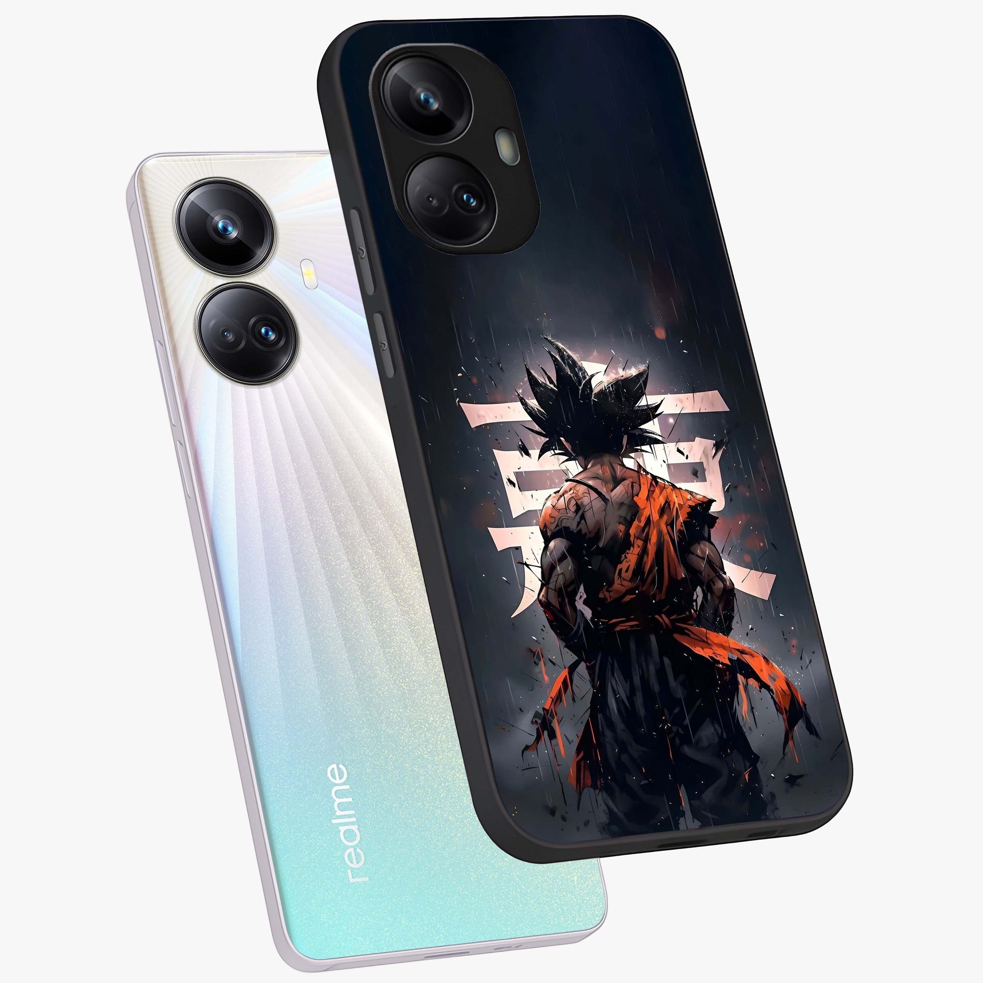 Dark Warrior In Rain Glass Case displayed in angled mockup highlighting dramatic warrior illustration with dark rain aesthetic.