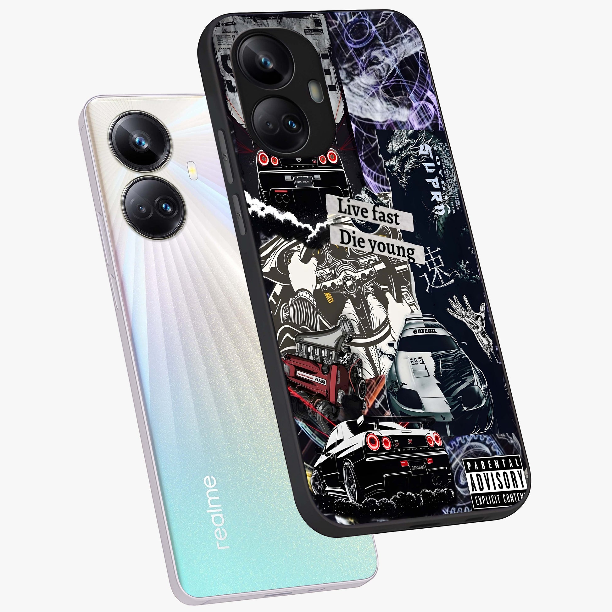 Die Young Glass Case displayed in angled mockup highlighting expressive graphic artwork with edgy aesthetic style.