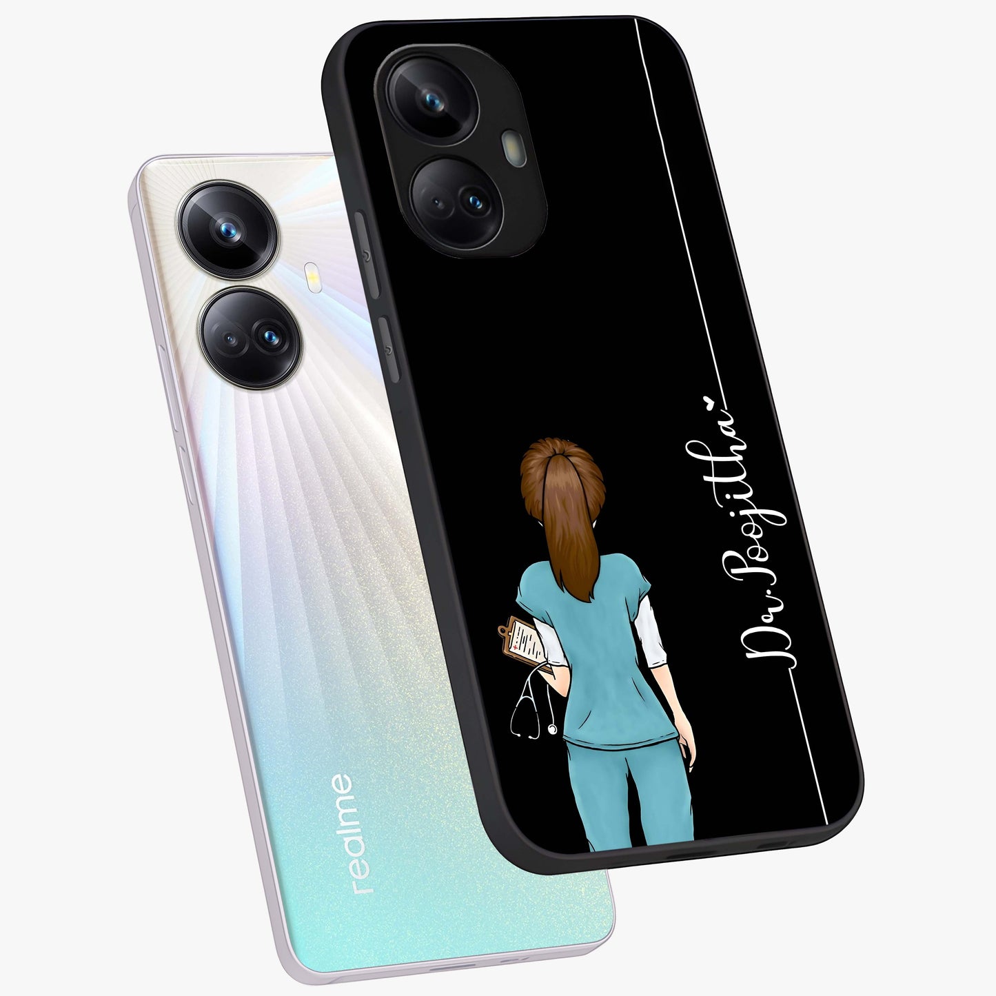 Doctor Pattern Custom Name Glass Case displayed in angled mockup highlighting doctor inspired artwork with custom name feature.
