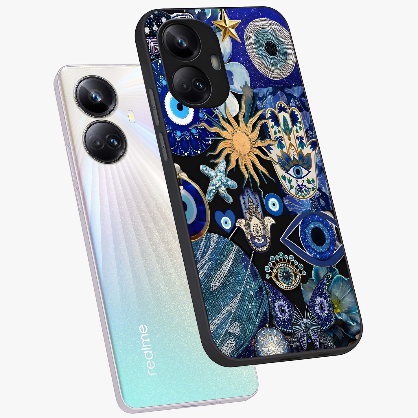 Evil Eye Charm Mix Glass Case displayed in angled mockup highlighting protective evil eye symbols with spiritual aesthetic design.