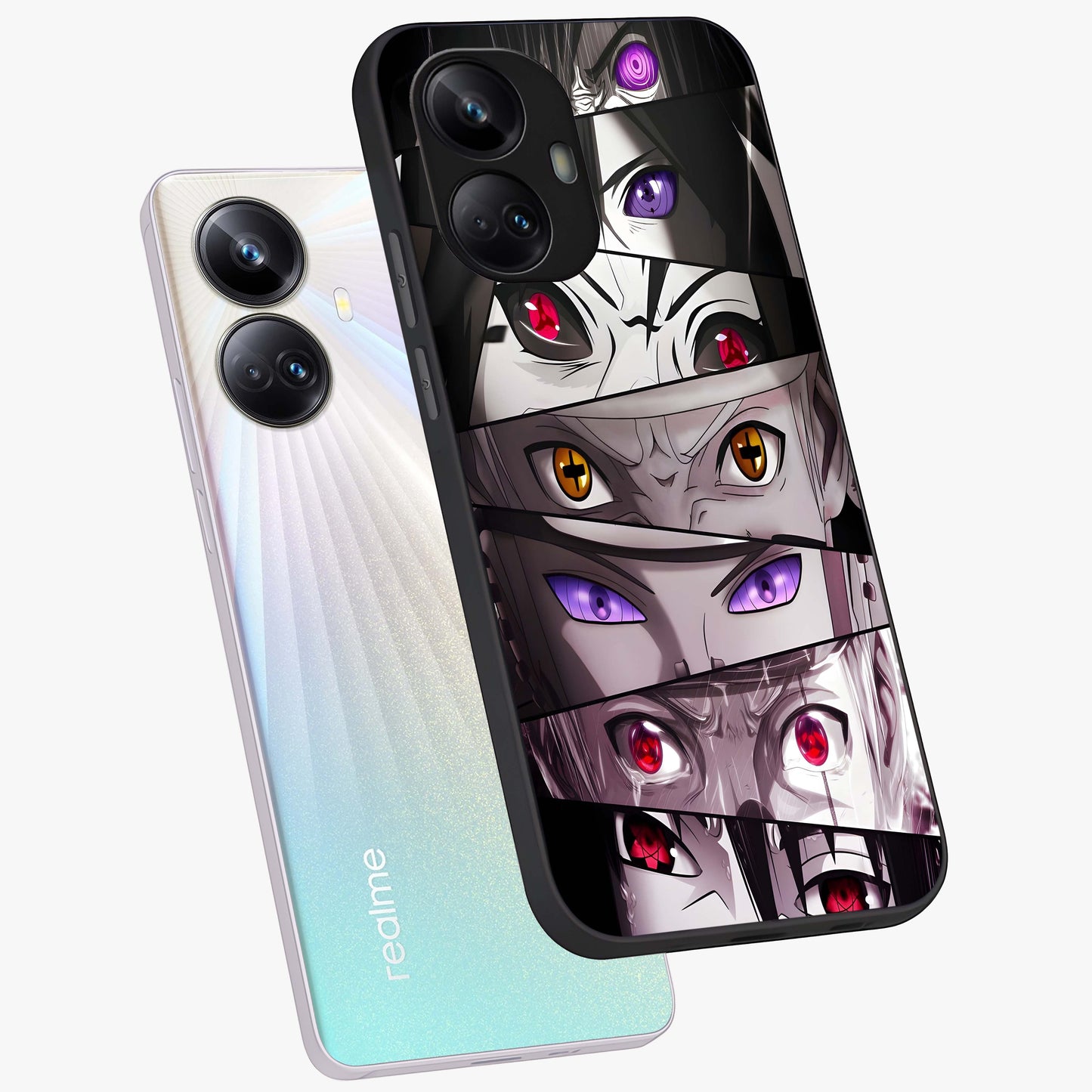 Eyes of Destiny Glass Case displayed in angled mockup highlighting bold eye illustration with mystical aesthetic style.