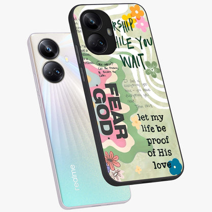 Faith Over Fear Glass Case displayed in angled mockup highlighting inspirational message design with modern aesthetic style.