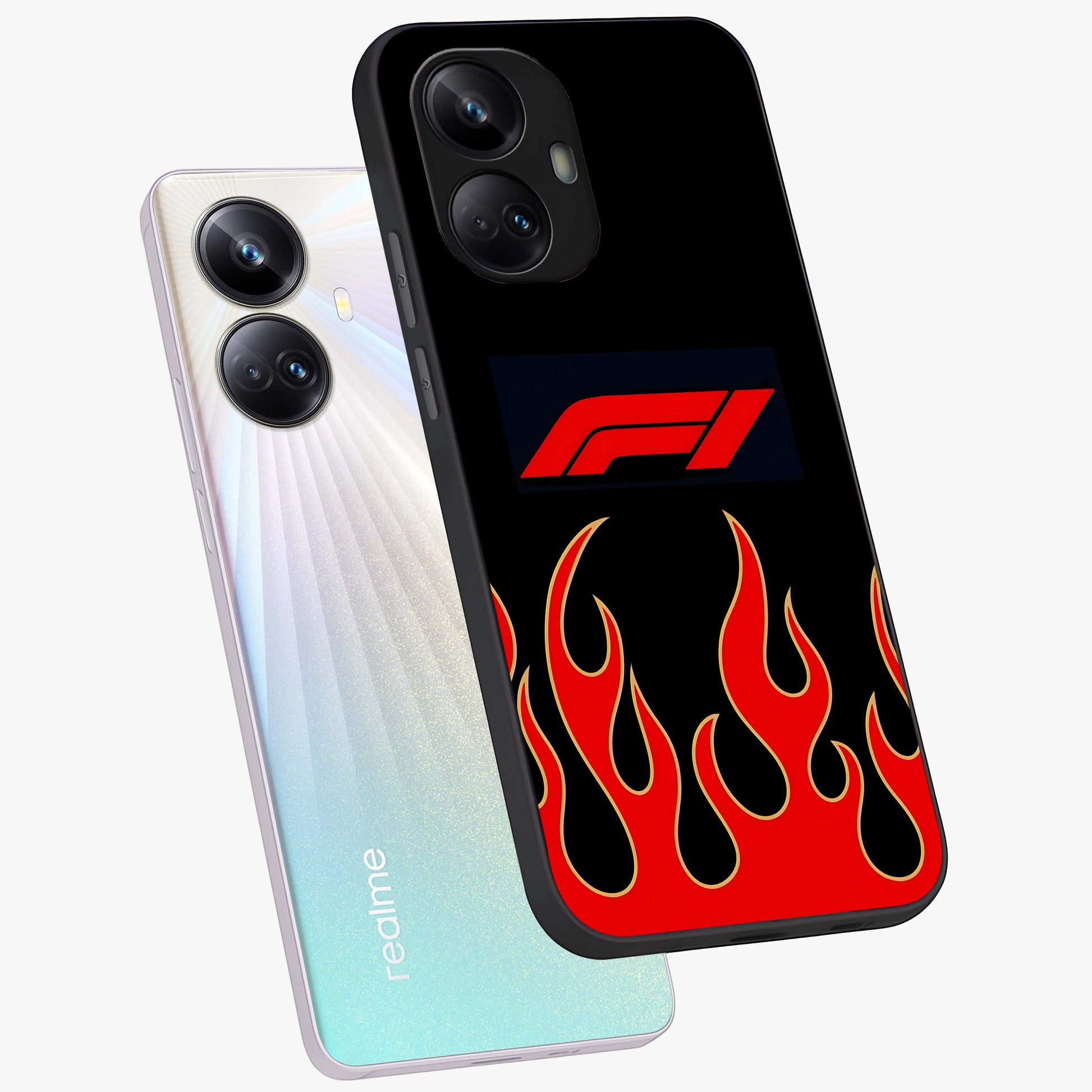 Fire F11 Glass Case displayed in angled mockup highlighting bold fire inspired graphic with energetic aesthetic style.