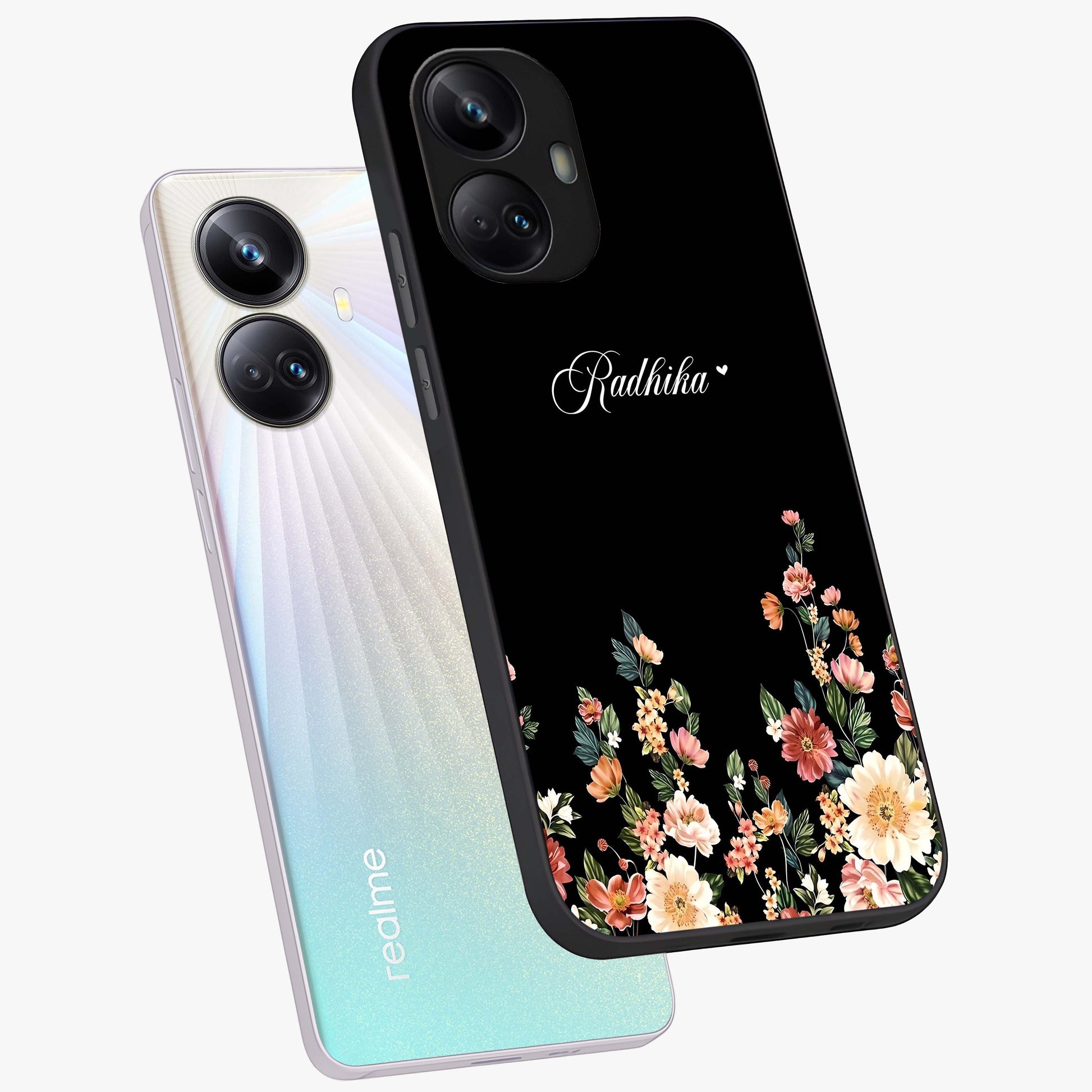 Floral Design With a Custom Personalized Name Glass Case displayed in angled mockup highlighting elegant floral pattern with custom name feature.
